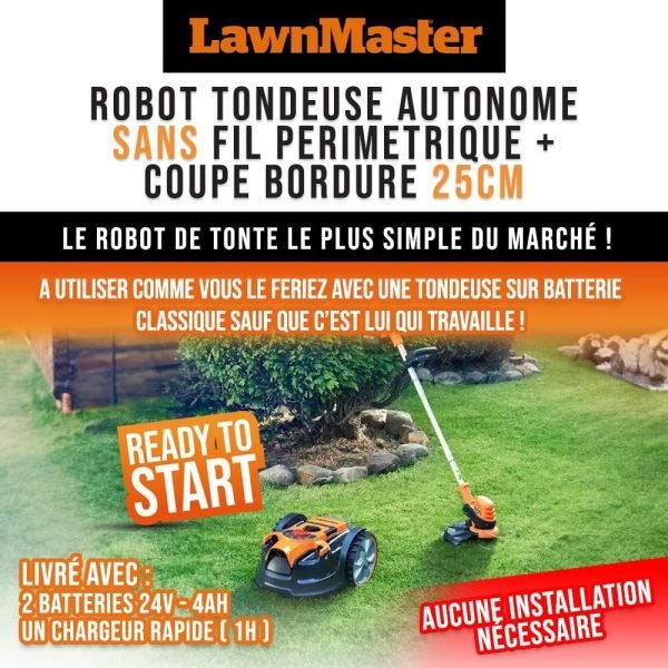 Robot Tondeuse Autonome 24V sans Fil périmétrique - Le Robot Le Plus Simple du marché + Coupe Bordures 24v et 2 Batteries. – Image 5
