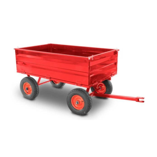 Remorque en acier avec timon articulé et capacité de charge de 600 kg.